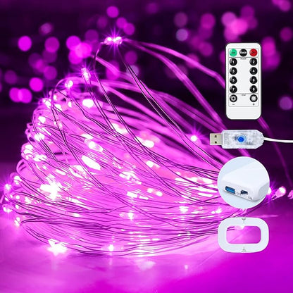 1Pack USB Plug in Fairy String Lights,16ft 50 LED Copper with Remote and Timer, 8 Modes Waterproof Twinkle String Lights Battery Powered for Bedroom Indoor Party Wedding Christmas Decoration(Pink)