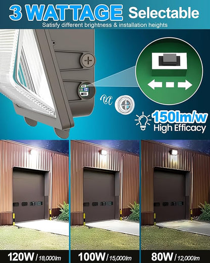 AKK LED Wall Pack Light 120W/100W/80W & 3000K/4000K/5000K Selectable, Glass Lens, Dusk to Dawn Photocell & Timed Dimming, 18000LM, IP65 Waterproof for Garage, Warehouse and Exterior Building Security