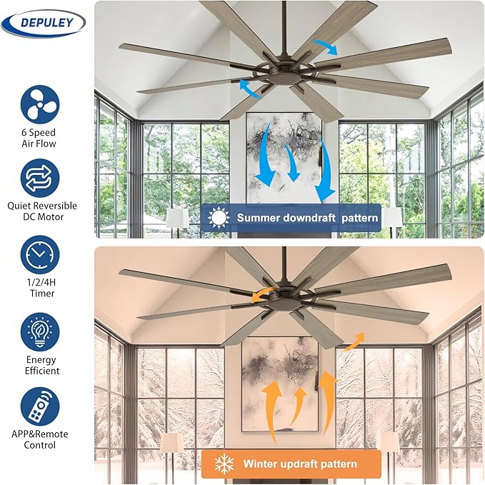 Ceiling Fan Without Light: 66 Inch Big Indoor Outdoor Fan with Remote APP Control - Brown Wood Grain Large Ceiling Fan no Light 8 Blade Reversible Quiet DC Motor Memory Function Timer