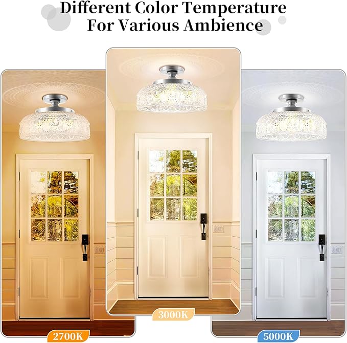 Lamomo Semi Flush Mount Ceiling Light,Upgraded Larger 12 Inch Silver Hallway Light Fixture,3 Light Globe Glass Close to Ceiling Scone, Indoor Hanging Light for Bedroom Kitchen Porch Hallway