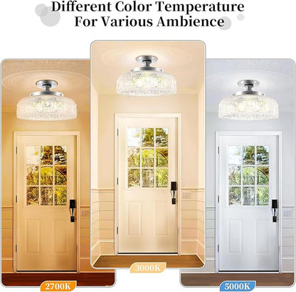 Lamomo Semi Flush Mount Ceiling Light,Upgraded Larger 12 Inch Silver Hallway Light Fixture,3 Light Globe Glass Close to Ceiling Scone, Indoor Hanging Light for Bedroom Kitchen Porch Hallway