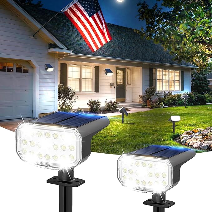 Solar Lights Outdoor Waterproof IP65, Super Bright LED with Lens, 6500K 2 Lighting Modes, Solar Powered Yard Garden Solar Spot Lights for Outside Landscape Auto On/Off - 2 Pack