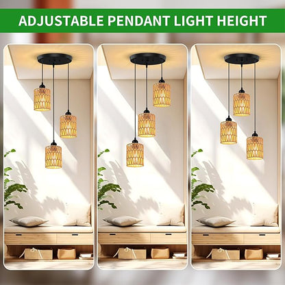 3 Light Pendant Lighting, Farmhouse Hanging Light Fixture for Kitchen Island & Dining Room, Industrial Vintage Ceiling Lamp with E26 Base, Adjustable Height, Rattan Pendant Light
