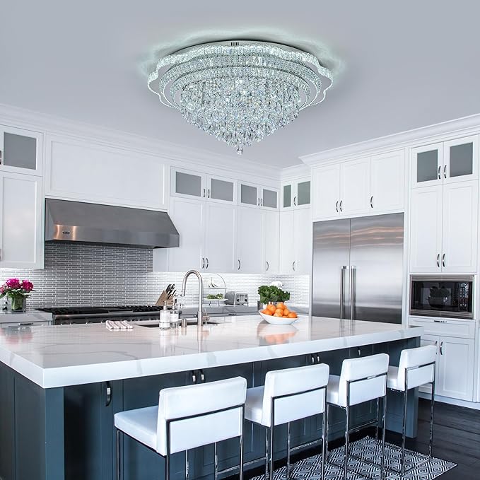 40" Sliver Crystal LED Ceiling Light Fixture with Remote Control,Large Flush Mount Chandelier with 3-Color Dimmable for Living Room Bedroom Dining Room