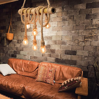 Arturesthome 6 Heads Hemp Rope Pendant Light, Vintage Bamboo Chandeliers Fixture Kitchen Island, Rustic Industrial Hanging Lamp for Bedroom Restaurant Cafe Bar Country Style Decoration