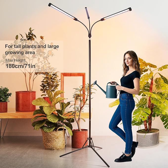 FECiDA 2026 3Head Grow Lights with Upgraded Stand, Standing Grow Lights for Indoor Tall Plants, Bonsai Tree, 4/8/12/16/20 Hr Timer, 27 Watt Power Draw, NO Need Adapter, 24"-72" Height Adjustable