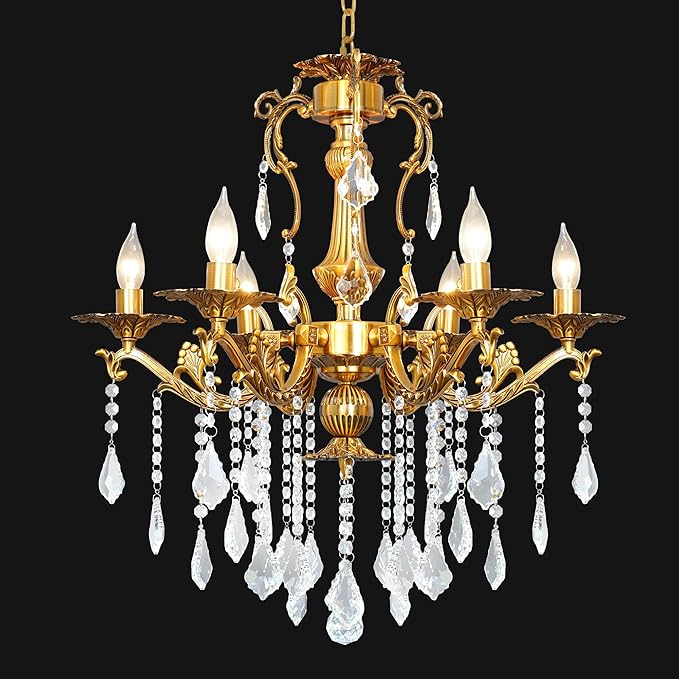 Luxury Copper Crystal Chandelier, 24" Vintage K9 Crystal Pendant Light with 6 Lights, Antique Brass Finish Ceiling Light Fixture with Scrolled Arms for Dining Room Living Room Foyer Villa Hotel