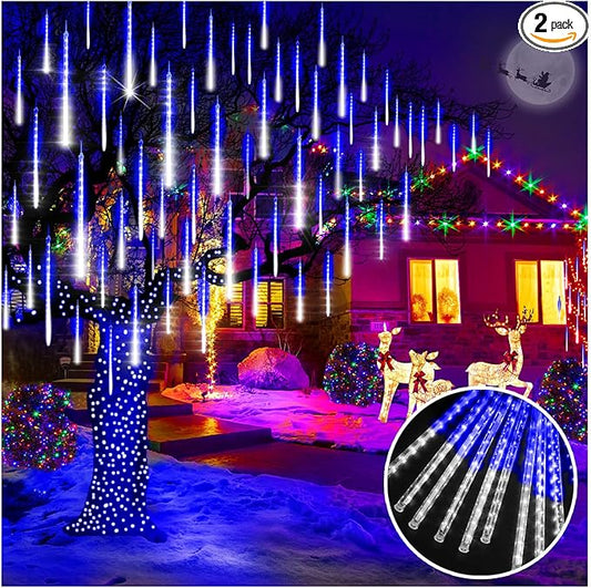 KNONEW 2Pack Total 48 Tube Meteor Shower Lights,15 in 672 LEDs Christmas Lights Outdoor Waterproof Plug in Falling Rain Light for Xmas Tree Wedding Party Garden Decorations (Blue and Cool White)