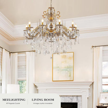 Gold Crystal Chandelier, 10-Light Antique Bronze Candle Pendant Ceiling Light Fixture with K9 Crystals for Dining and Living Room, Bedroom, Kitchen Island, Hallway, Dia 36"