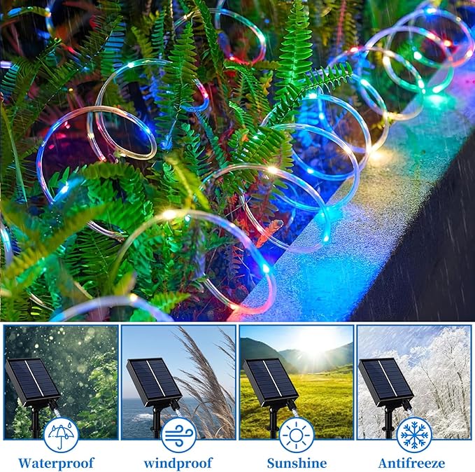 ANJAYLIA 66FT 200 LED Solar Rope Lights Outdoor Waterproof, Solar Powered Rope String Light with 8 Mode & Timer Remote, for Outdoor, Patio, Garden, Camping, Holiday & Christmas Décor Multicolor