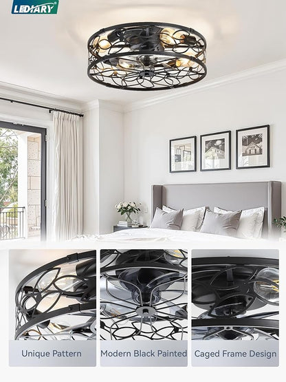 LEDIARY 20 Inch Caged Ceiling Fans with Lights, Black Flush Mount Ceiling Fan with Remote, Low Profile Bladeless Ceiling Fan Light Fixture for Bedroom, Kitchen, Dining Room