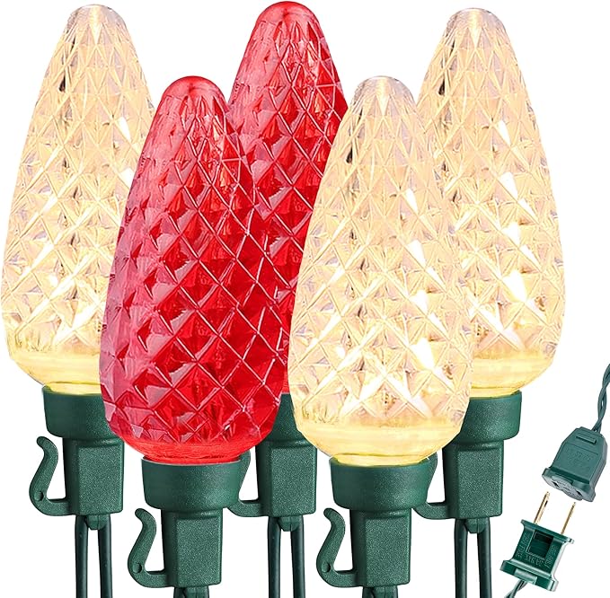 Brizled Red & Warm White C9 Christmas Lights, 33ft 50 LED Faceted Outdoor Christmas Lights, Connectable Xmas Tree Light, UL Certified Indoor Light String Waterproof for Outside House Roof Party Decor