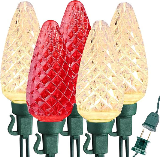 Brizled Red & Warm White C9 Christmas Lights, 33ft 50 LED Faceted Outdoor Christmas Lights, Connectable Xmas Tree Light, UL Certified Indoor Light String Waterproof for Outside House Roof Party Decor