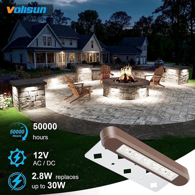 VOLISUN 7 Inch Retaining Wall Lights, IP67 Waterproof Hardscape Lighting, Cuttable Low Voltage Lighting, 12V Paver Lights, 2.8W Outdoor Step Landscape Lights, 5000K Daylight (8 Pack)