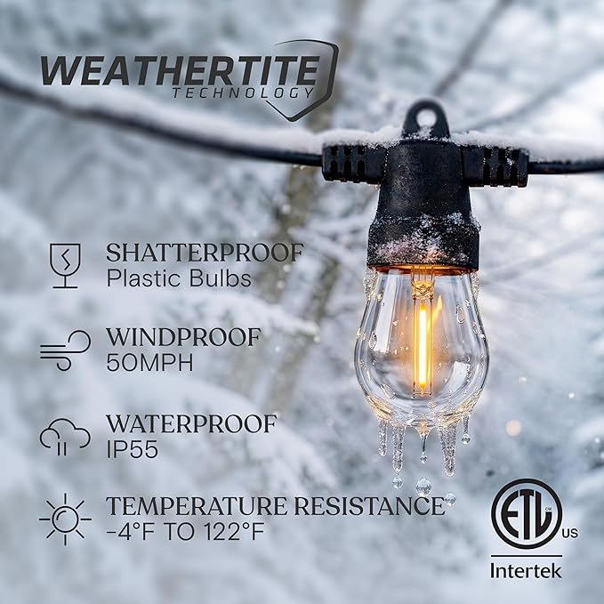 Brightech Ambience Hybrid Outdoor String Lights - Dual Plug and Solar Powered Waterproof LED Light String for Outside - Dimmable Color Changing Edison Bulbs for Camping, Patio, Cafe, Yard - 104ft, 7W