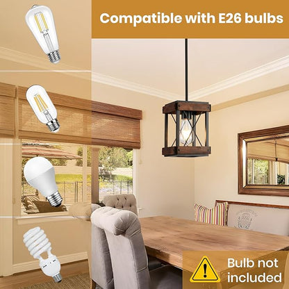Genuine Wood Farmhouse Pendant Light, 2 Pack Rustic Farmhouse Linear Chandelier with Wood and Metal Cage, Kitchen Island Pendant Light Adjustable Height for Dining Room Light Kitchen Island Bedroom