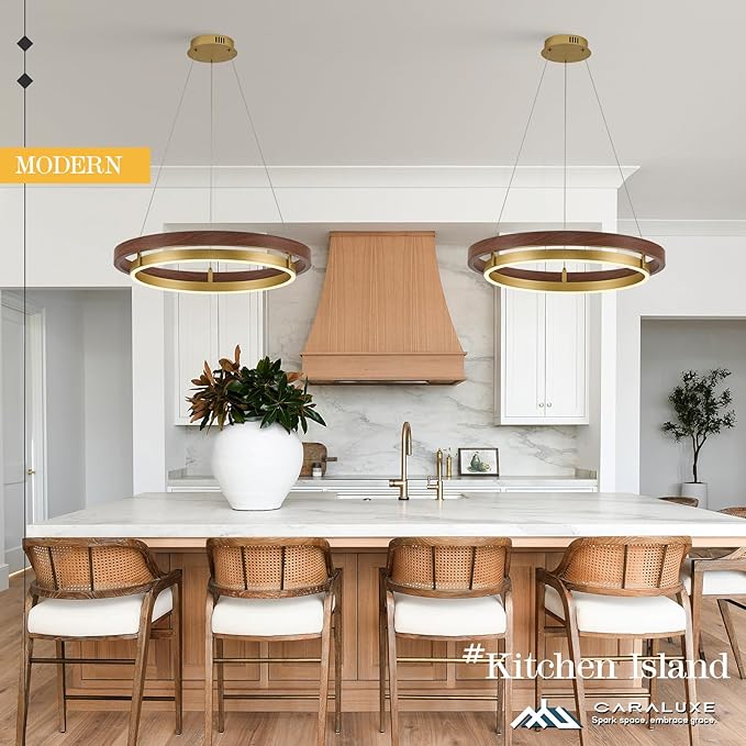 LED Ring Chandelier Dimmable Gold Chandelier Round Foyer Chandeliers Light Mahogany Wood Printed Circular Chandeliers for Dining Room Entry Bedroom Office Living Room, 24in