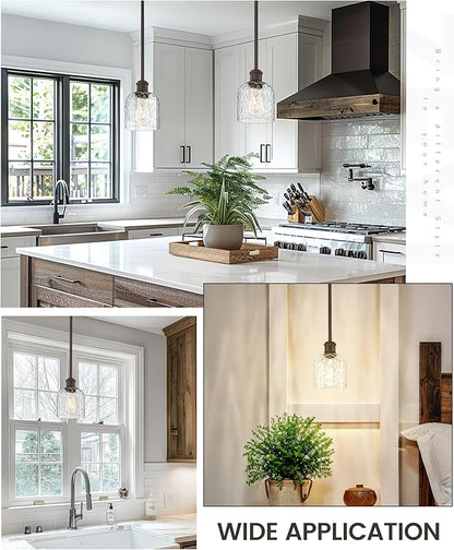 zeyu Bronze Adjustable Pendant Lighting, 2 Pack Hanging Kitchen Lights, 1-Light Farmhouse Glass Pendant Light with Clear Hammered Glass, Oil Rubbed Bronze Finish, ZJF63MIL-2PK ORB