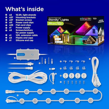 Enbrighten Vibe Eternity Permanent Outdoor Lights for House, 50ft, 36 RGBWIC LEDs, Close Spacing, 33lm, Color Changing, Christmas, Eave Lighting, Smart App, Works with Alexa, Google Home, 81102