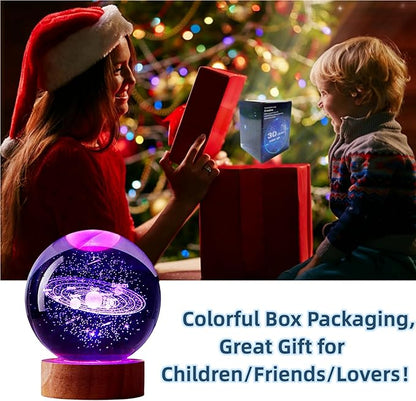 3.15 inch Solar System Crystal Ball lamp,3D K9 Crystal Ball Night Light with Wooden Base,16 Colors Change with Remote Control,Galaxy Light,Birthday Gift for Friends (Solar System)
