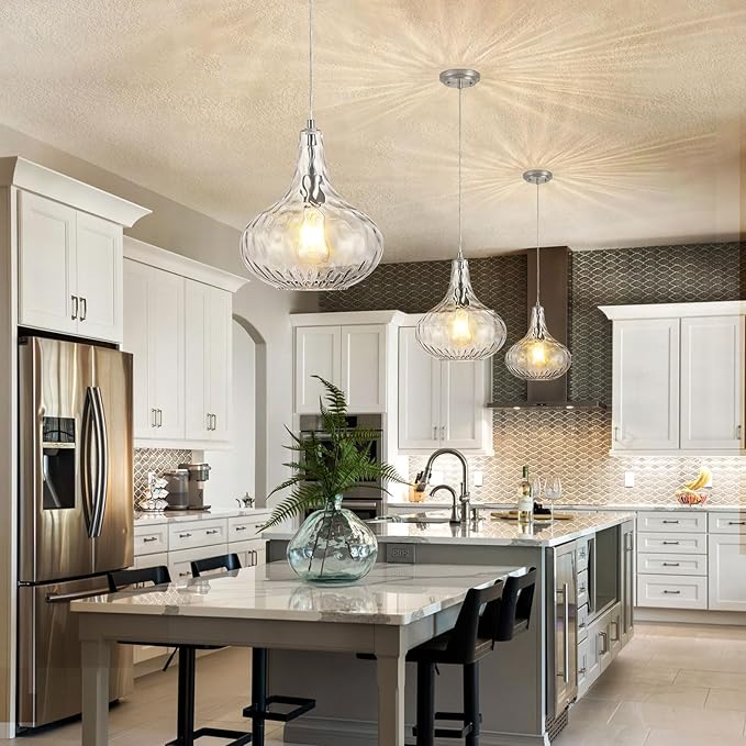 CATINER Glass Pendant Light Brushed Nickel 11-inch Hammered Pendant Lighting for Kitchen Island, Kitchen Sink, Hallway, Living Room