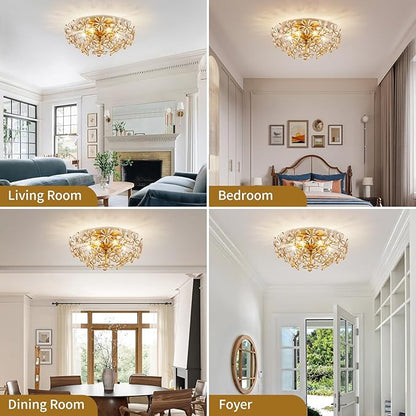 Modern K9 Crystal Chandeliers, Chic Style Close to Ceiling Light Fixture for Living Room, Bedroom, Dining Room, D18 x H8 in, Champagne Flower Crystal & Gold Finish Frame
