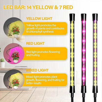 iPower LED Grow Lights for Indoor Plants, Full Spectrum Plant Growing Lamp with Yellow Red LEDs, 10-Level Dimmable, Auto On Off with 6/9/12H Timer, 1 Tubes