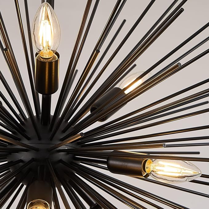 24in Black Sputnik Chandelier 9-Light Starburst Chandelier Light Fixture Solid Metal Mid-Century Modern Satellite Light Fixture for Dining Room Bedroom Bathroom Entryway Kitchen Island