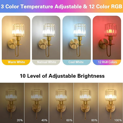 Wireless Wall Sconces Set of two,Battery Operated Wall Sconces with 5200 mAh Bulb and Remote,LED 15 Colors Rechargeable Gold Wall Sconce with Crystal for Bedroom Living Room Hallway Wall Decor