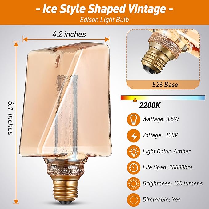 Meonum Ice Style Shaped Decorative LED Bulb, E26 Medium Base, Dimmable 3.5W 2200K Soft Warm Amber, Virtual Filament Acrylic Inner Pillar (1 Pack)