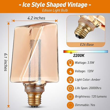 Meonum Decorative Light, Ice Style Shaped E26 LED Bulb, Dimmable 3.5W 2200K Soft Warm Vintage Edison Light, with Virtual Filament Acrylic Inner Pillar Bulb (2 Pack)