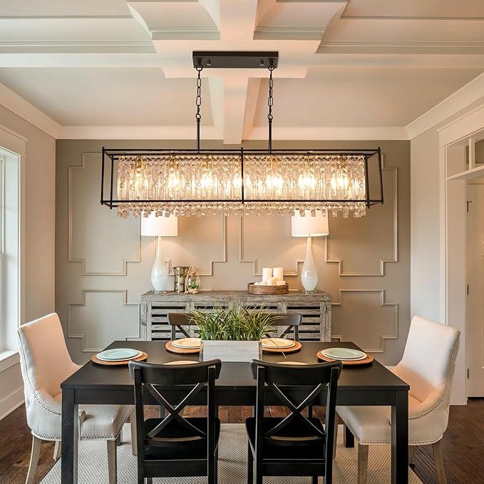 Crystal Chandeliers for Dining Room,50IN Modern Black Chandelier for Living Room, Adjustable Height, 7-Light Pendant Light Fixture,Rectangle Lighting for Kitchen Island Living Room