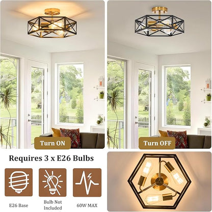 Modern Farmhouse Semi Flush Mount Ceiling Light,Industrial Black and Gold Ceiling Lighting Fixture,Hexagonal Close to Ceiling Lights for Kitchen, Hallway,Bedroom,Foyer,Laundry Room,14.6 Inch