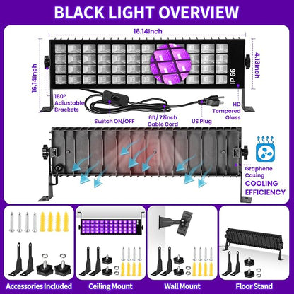 6 Pack 120W LED Black Lights, Blacklight Bar Light Up to 5000ft² Area with Switch+Plug+6ft Cable, Glow Party Light Supply for Halloween, Fluorescent Poster, Body Paint, Birthday, Bedroom, Classroom