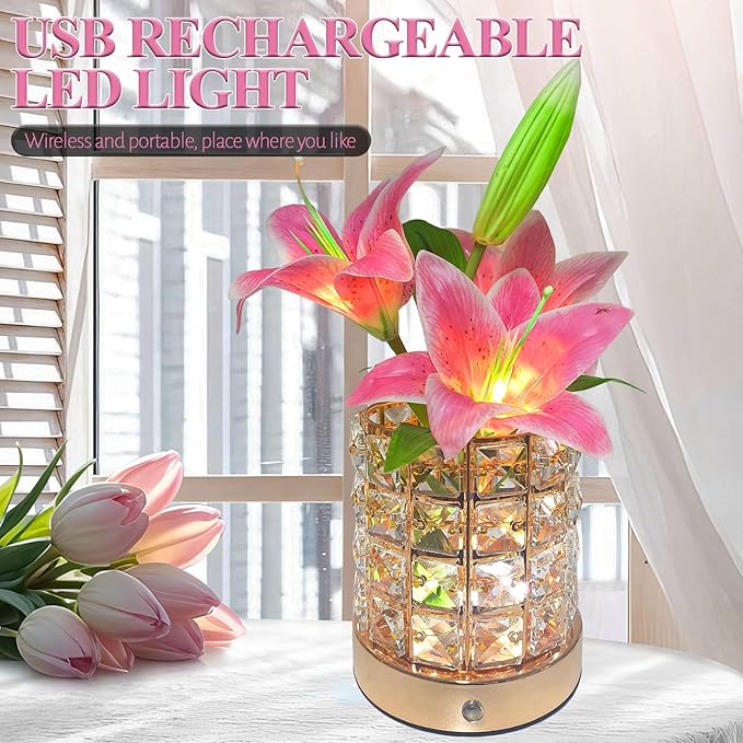 Lily Flower Lamps, Rechargeable Cordless Small Desk Lamp, 3 Colors Dimmable Artificial Flowers Night Light, Fake Bouquet 3 Lilies with Crystal Vase for Home Date Party Decoration (Pink - Lily)