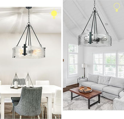 IKK Black Modern Textured Glass Chandelier for Dining Room, 21" Glass Drum Chandelier Light Fixture, Crystal Round Hanging Light for Living Room, Bathroom,Foyer, Kitchen Island, Bedroom