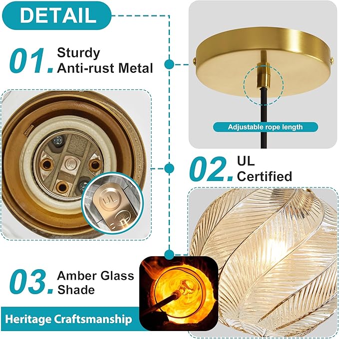 Amber Glass Gold Pendant Light, Farmhouse Kitchen Island Pendant Light Fixture Circular Shade, Adjustable Vintage Hanging Ceiling Light for Dining Room Corridor 1 Pack, UL Certification