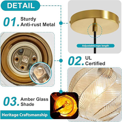 Amber Glass Gold Pendant Light, Farmhouse Kitchen Island Pendant Light Fixture Circular Shade, Adjustable Vintage Hanging Ceiling Light for Dining Room Corridor 1 Pack, UL Certification