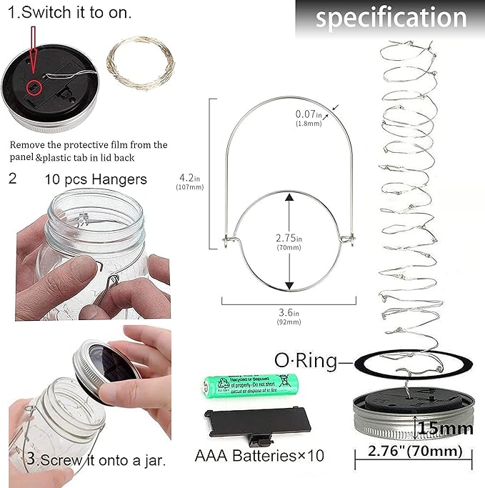 SmilingTown 30 LED 10 Packs Solar Mason Jar Lights [Updated] Fairy Firefly Jar Lids String Lights with Hangers Waterproof Patio Yard Garden Wedding Party Decoration - Colorful (NO Jars)