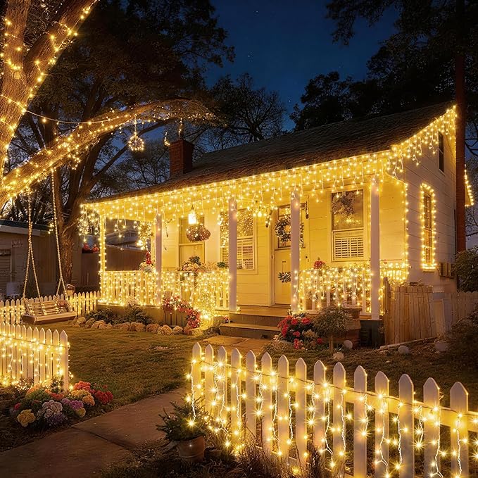 KNONEW Christmas Lights Outdoor Decorations 400 LED 33ft 8 Modes Curtain Fairy String Light with 75 Drops, Clear Wire LED String Light Indoor Decor for Wedding Party Christmas Decorations Warm White