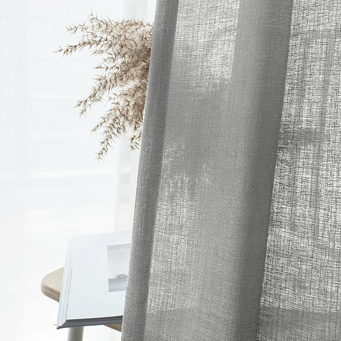 Melodieux Grey Semi Sheer Curtains 96 Inches Long for Living Room, Bedroom Faux Linen Texture Farmhouse Rod Pocket Shiny Sheer Curtains Drapes Light Filtering, 52" W x 96" L, 2 Panels