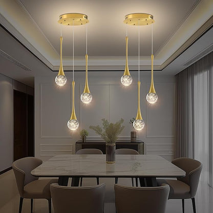 Modern Crystal Kitchen Island Chandelier 3-Lights Gold, LED Dimmable Raindrop Indoor Lighting Fixture for Dining Room Foyer Entryway Remote Control