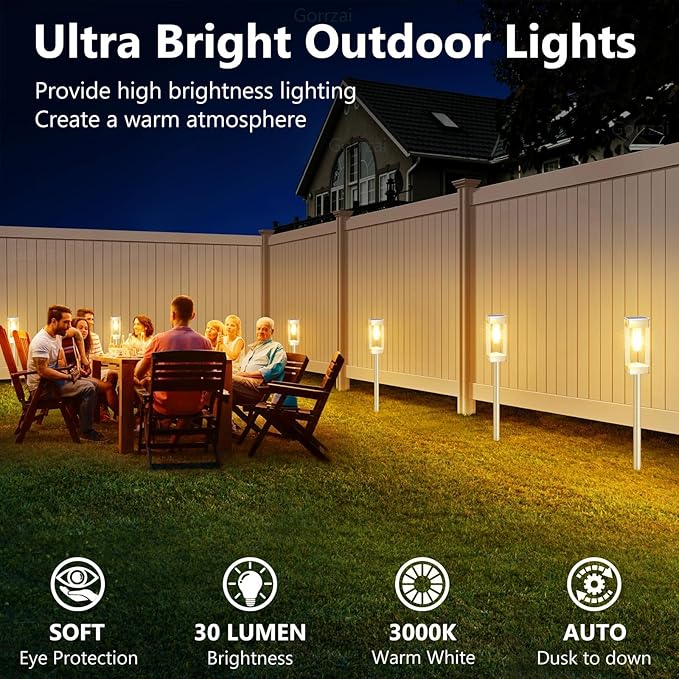 Solar Pathway Lights 8 Pack Solar Outdoor Lights with LED Tungsten Filament Bulb Waterproof Stainless Steel Garden Lighting for Outside Driveway Landscape Lawn Path Christmas (White)