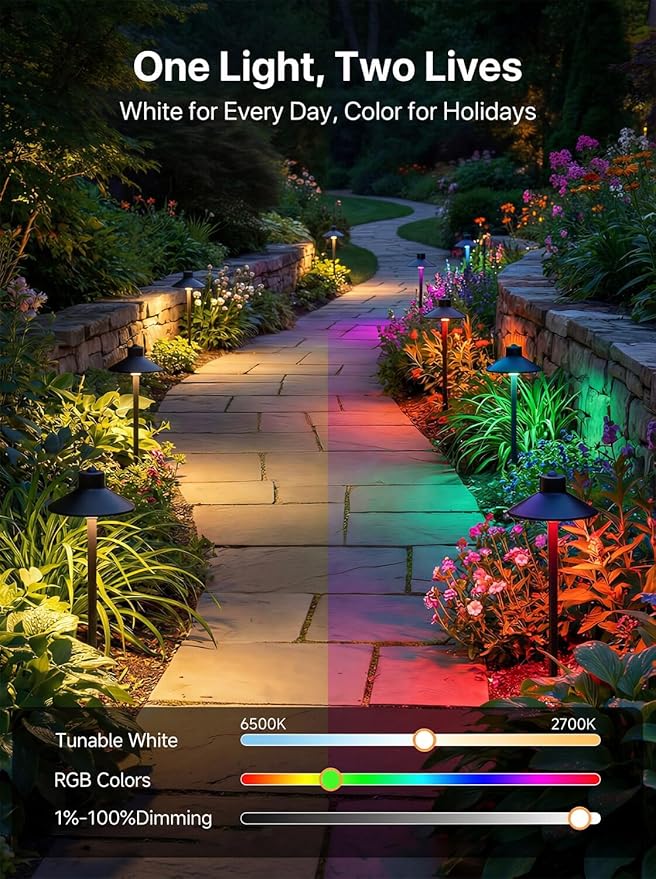 Gardenreet Brass RGBCW Low Voltage Path Light, 12v Smart Landscape Lighting with Dimmable Warm & Cool White 2700k-6500k LED G4 Bulb, App Control Multi-Color for Outdoor Walkway Yard, Bronze 2 Pack