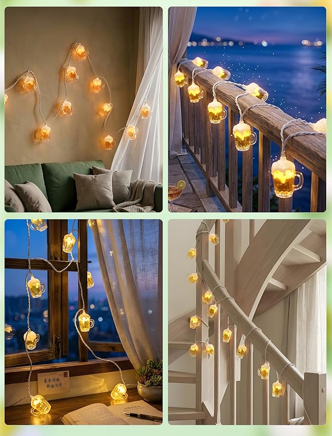 Outdoor Beer Mug String Lights Plug in, 8.5Ft 10 LED Tropical Beach Theme Beer String Lights for Cinco de Mayo Party Decorations, Hanging Tropical Party Lights Waterproof for Backyard Garden Bar Patio