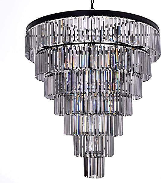 TOCHIC Black Crystal Chandelier for Living Room, 40 Inch 7-Tier Modern K9 Smoke Grey Chandeliers for Dining Room, Round Raindrop Light Hanging for High Ceiling, Staircase, Entryway, Foyer