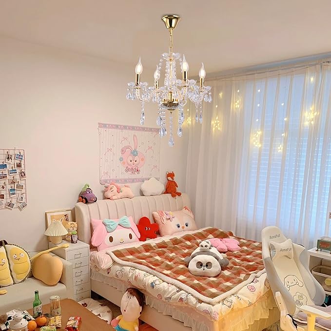 MALOSA Small Gold Crystal Chandeliers,Classic 4 Lights Mini Chandelier,Antique Candle Glass Chandelier for Dining Room,Girls Bedroom,Living Room