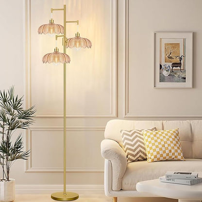 Gold Floor Lamps for Living Room Bedroom-3 Light Glass Floor Lamp with Three Led Bulb, Flower Tall Floor Lamp Dimmable Mid Century Modern Standing Lamp Vintage Tree Floor Lamps for Bedroom Corner