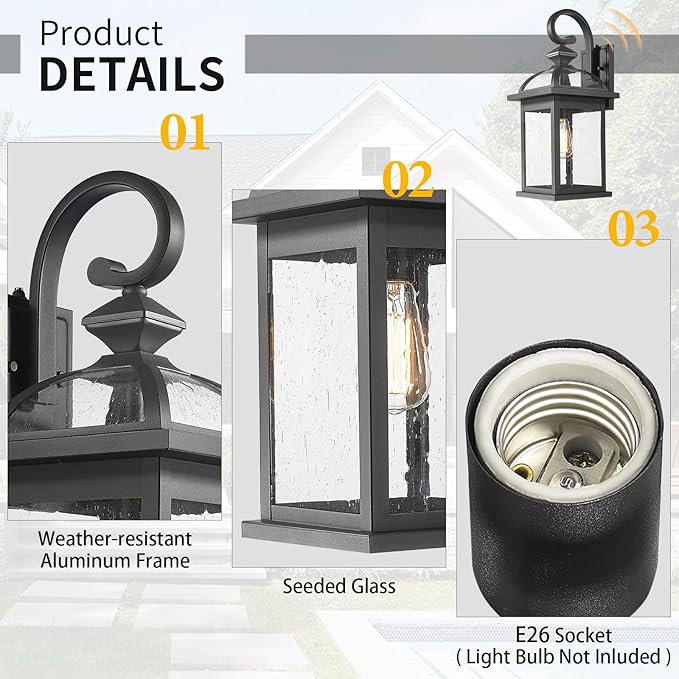 Darkaway Dusk to Dawn Outdoor Lights Fixture Wall Mount,Large 22inch Exterior Wall Light with Seeded Glass Waterproof Black Outside Wall Sconce for House Porch Hallway Garage