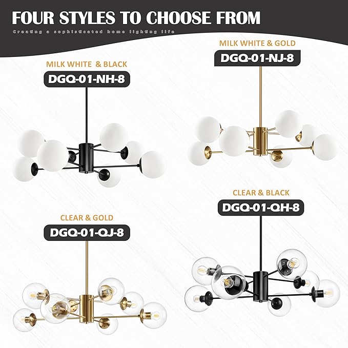 Bagood 8-Light Globe Sputnik Chandelier Modern Gold Sputnik Chandelier Mid Century Globe Pendant Light Brushed Brass Finished with Clear Glass Lampshade Chandeliers for Kitchen Bedroom